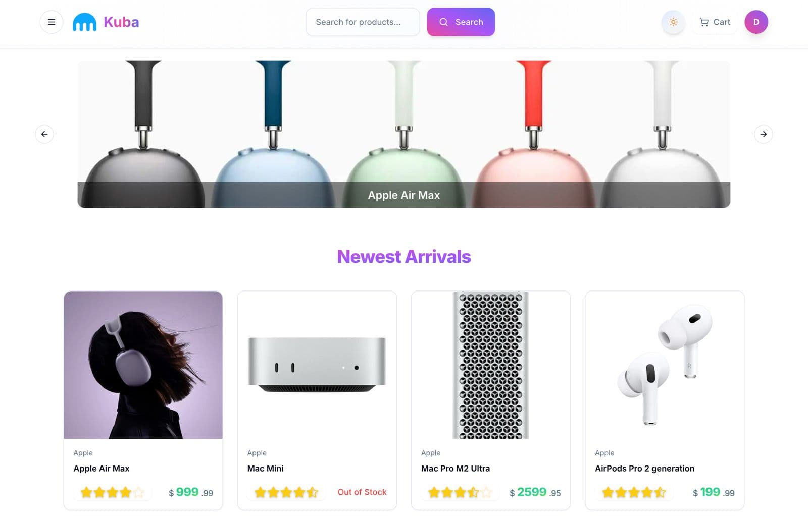 E-commerce storefront showing the product catalog and cart